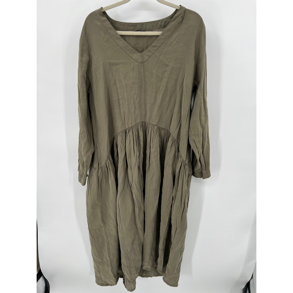 Ruti Olive Green Modal Blend V-Neck Gathered Drop Waist Midi Dress XL Pockets